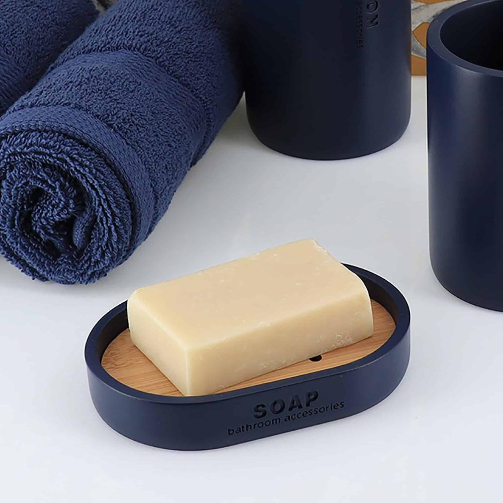 Evideco Chic Navy Blue Polyresin Soap Dish With Draining Bamboo Insert – Versatile Soap Holder For Contemporary Home Bathroom Accessories Soap Dishes