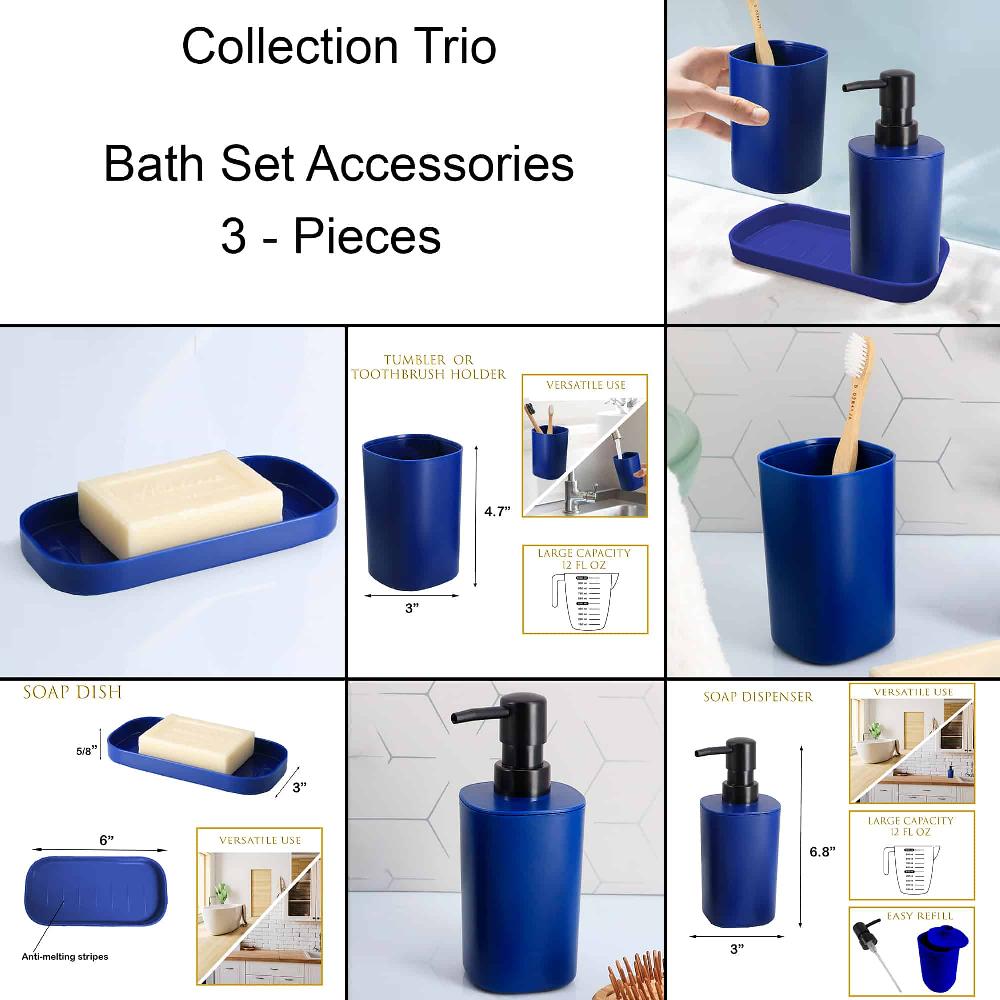 Evideco Chic Royal Blue Bathroom Set – Includes Tumbler Soap Dispenser And Soap Dish – Set Of 3 Accessories Bathroom Accessories Bath Coordinate Sets