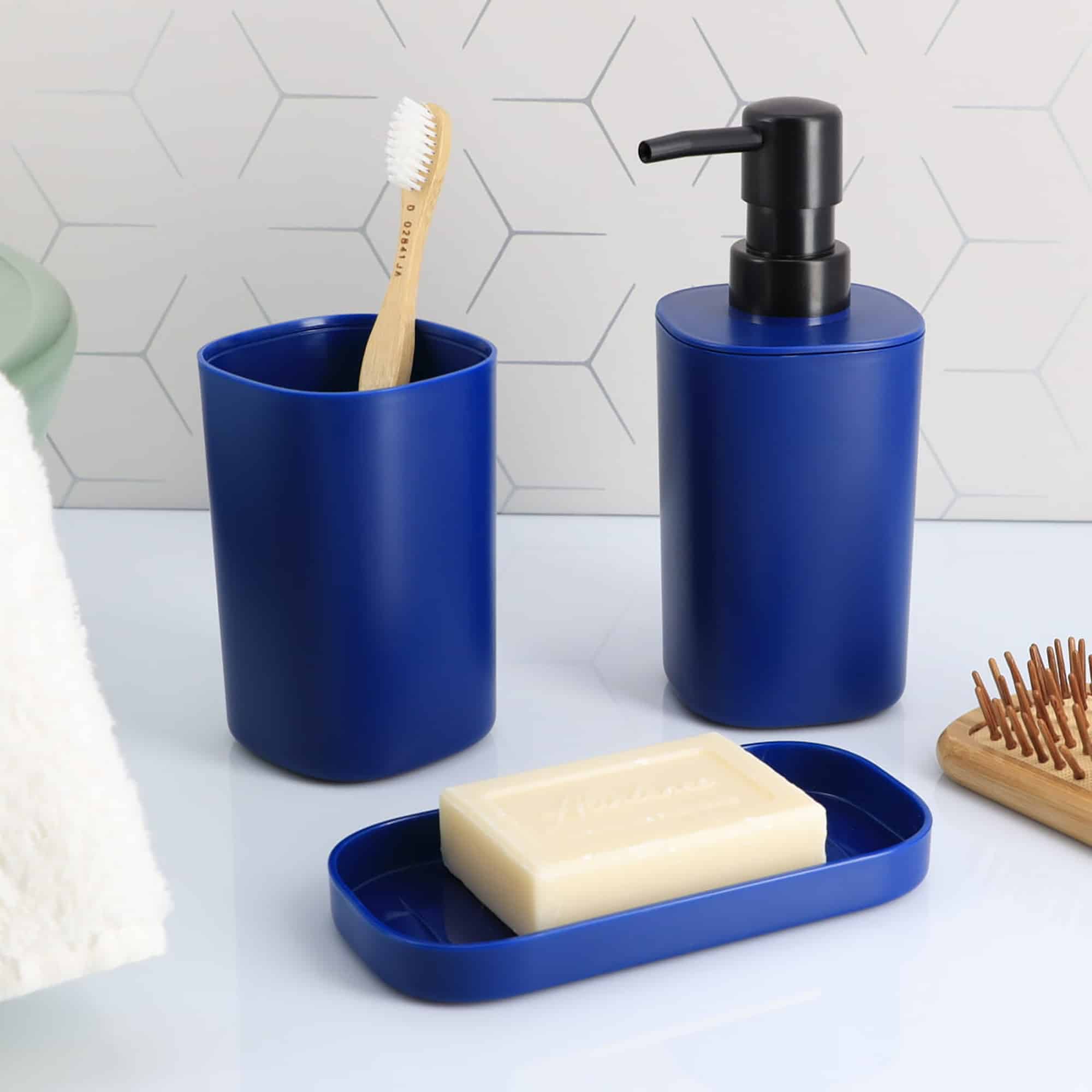 evideco Chic Royal Blue Bathroom Set – Includes Tumbler Soap Dispenser and Soap Dish – Set of 3 Accessories Bathroom Accessories Bath Coordinate Sets