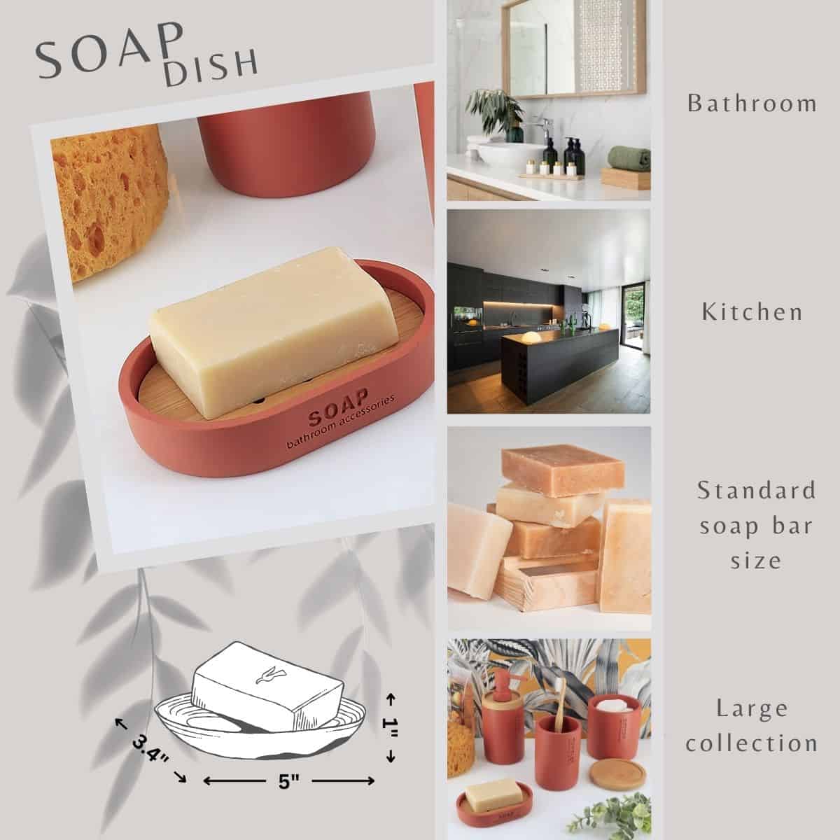 Evideco Chic Terracotta Polyresin Soap Dish With Draining Bamboo Insert – Versatile Soap Holder For Contemporary Home Bathroom Accessories Soap Dishes