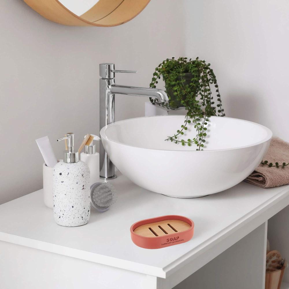 Evideco Chic Terracotta Polyresin Soap Dish With Draining Bamboo Insert – Versatile Soap Holder For Contemporary Home Bathroom Accessories Soap Dishes