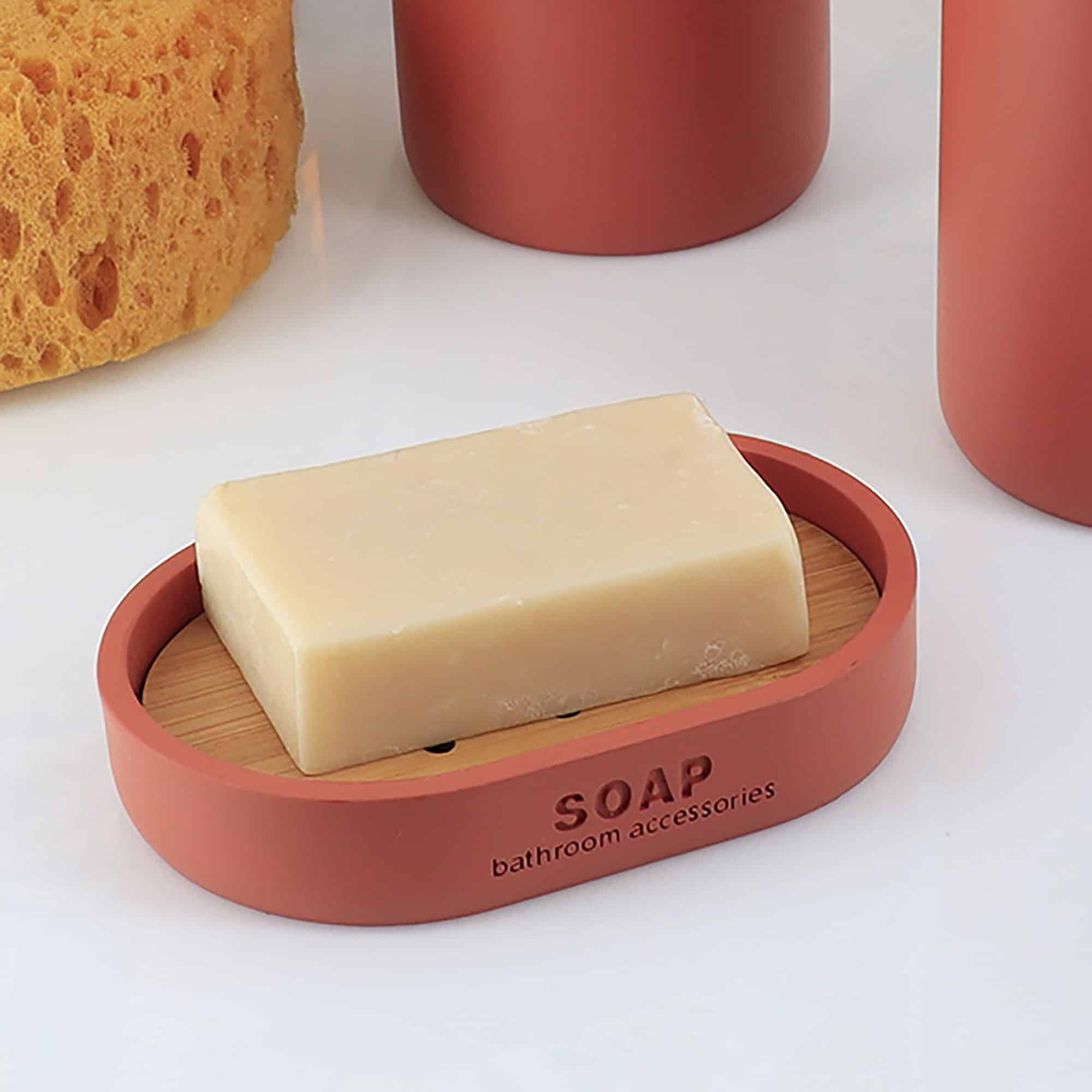 evideco Chic Terracotta Polyresin Soap Dish with Draining Bamboo Insert – Versatile Soap Holder for Contemporary Home Bathroom Accessories Soap Dishes