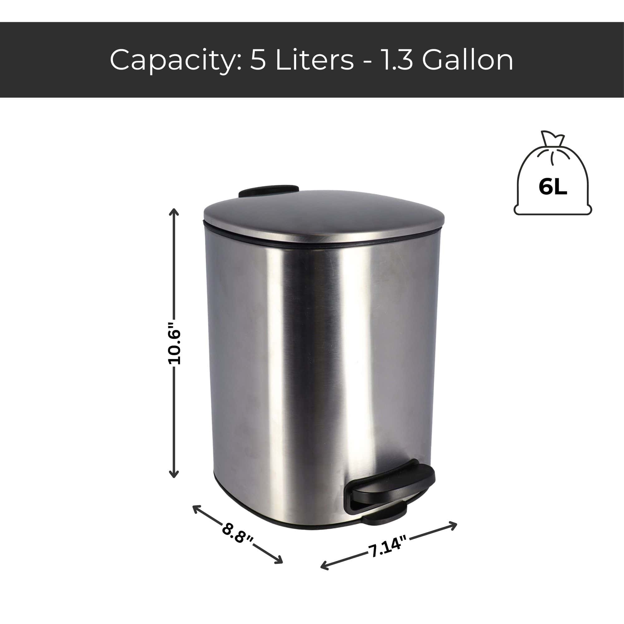 Evideco Chrome Metal Trash Can With Silent Soft Close Lid 5L – 1.3 Gal Capacity Foot Pedal For Hands-Free Operation Modern Square Design Toilet Seats & Accessories Toilet Wastebaskets Design & Solid