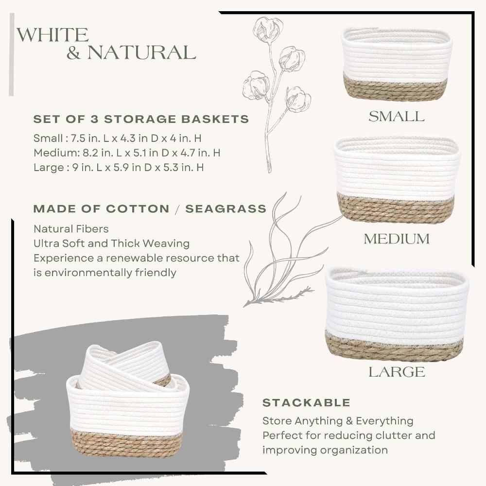 Evideco Classic White Cotton Storage Baskets Organizer Padang Bins Stackable For Shelves- Set Of 3 Bathroom Storage & Furniture Storage Baskets & Organizers