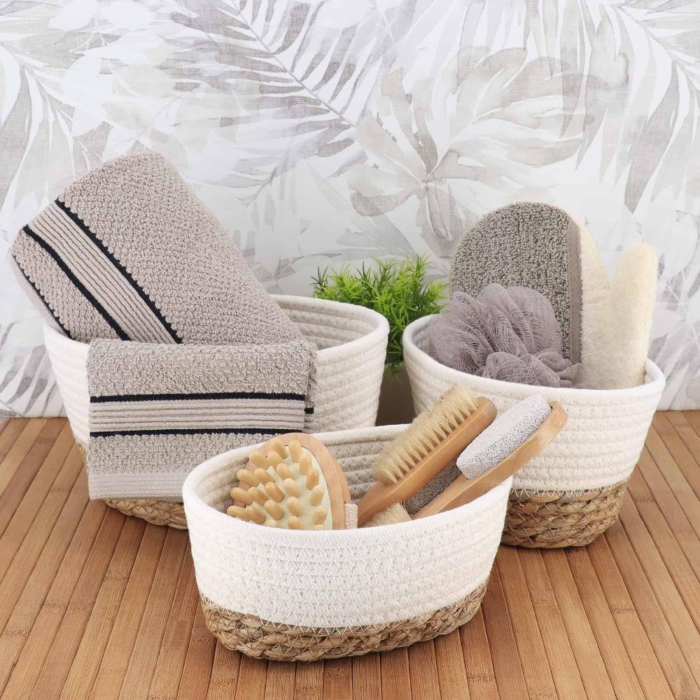 evideco Classic White Cotton Storage Baskets Organizer Padang Bins Stackable for Shelves- Set of 3 Bathroom Storage & Furniture Storage Baskets & Organizers