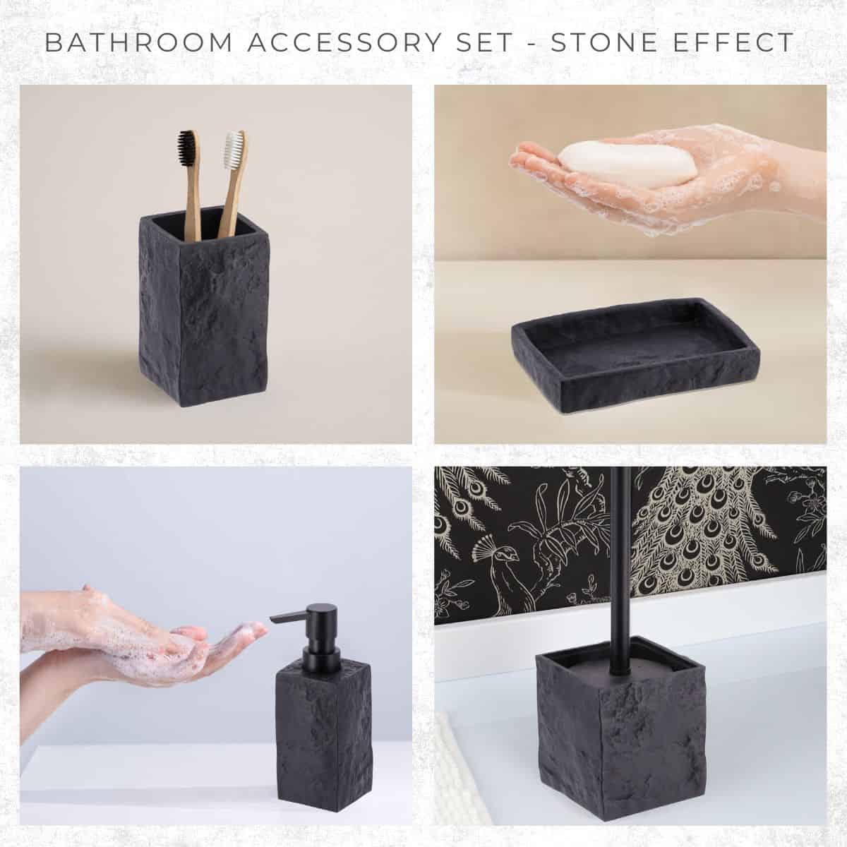 Evideco Collection Stone Effect Black Bath Accessory Set-4 Pieces Bathroom Accessories Bath Coordinate Sets