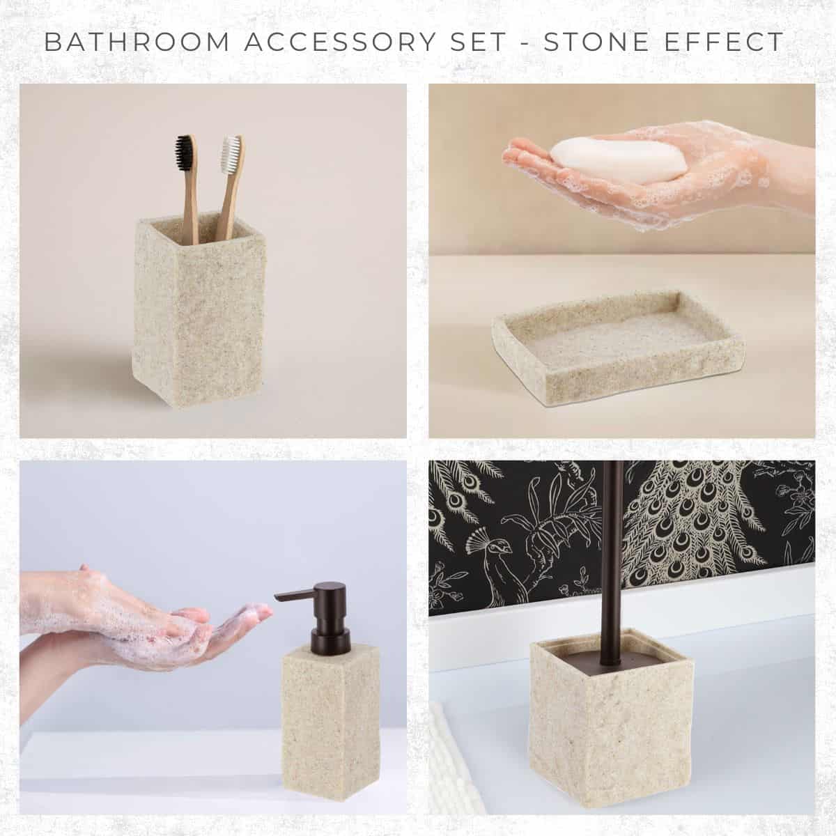 Evideco Collection Stone Effect Natural Bath Accessory Set-4 Pieces Bathroom Accessories Bath Coordinate Sets