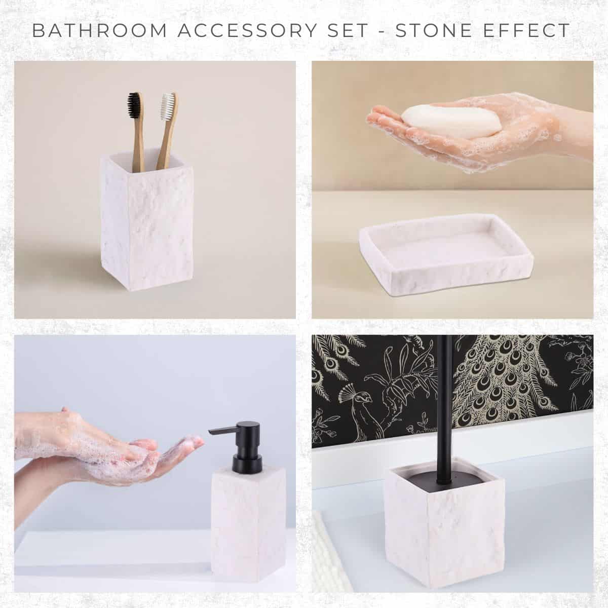 Evideco Collection Stone Effect White Bath Accessory Set-4 Pieces Bathroom Accessories Bath Coordinate Sets