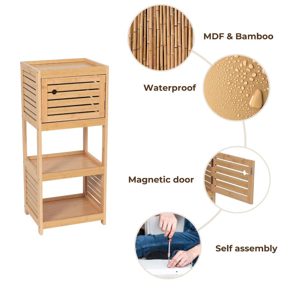 Evideco Compact Bathroom Storage Cabinet With Open Shelves And Vented Door Natural – Trinidad Collection Bathroom Storage & Furniture Floor Cabinets