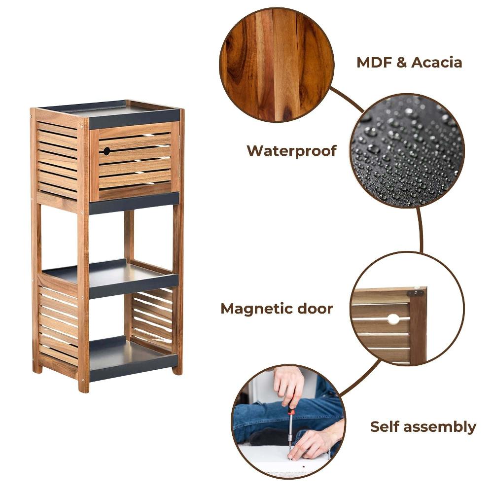 Evideco Compact Bathroom Storage Cabinet With Open Shelves And Vented Door Brown And Gray – Elements Collection Bathroom Storage & Furniture Floor Cabinets