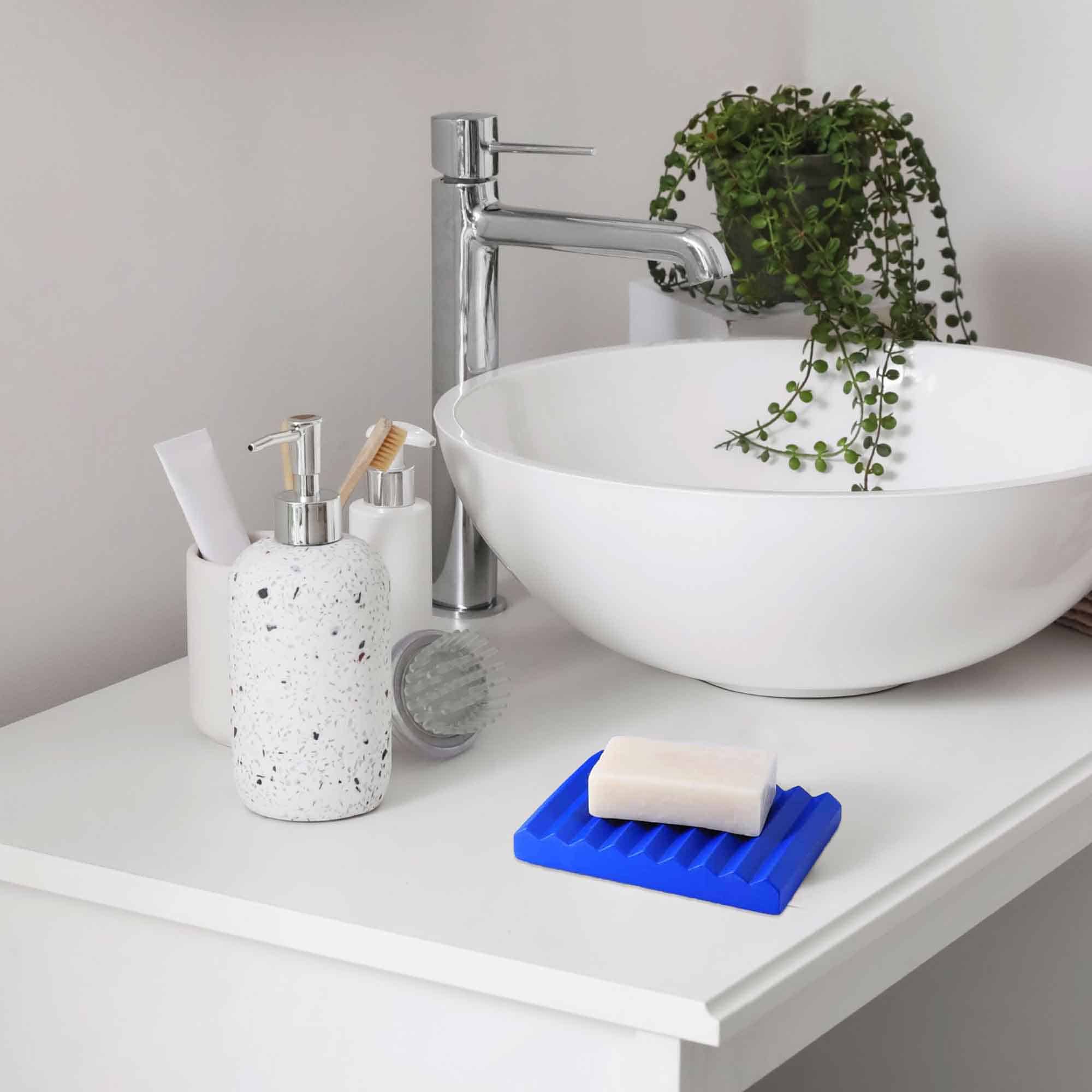 Evideco Concrete Cement Hand Soap Dish Ribbed Drainage Design Blue Bathroom Accessories Soap Dishes