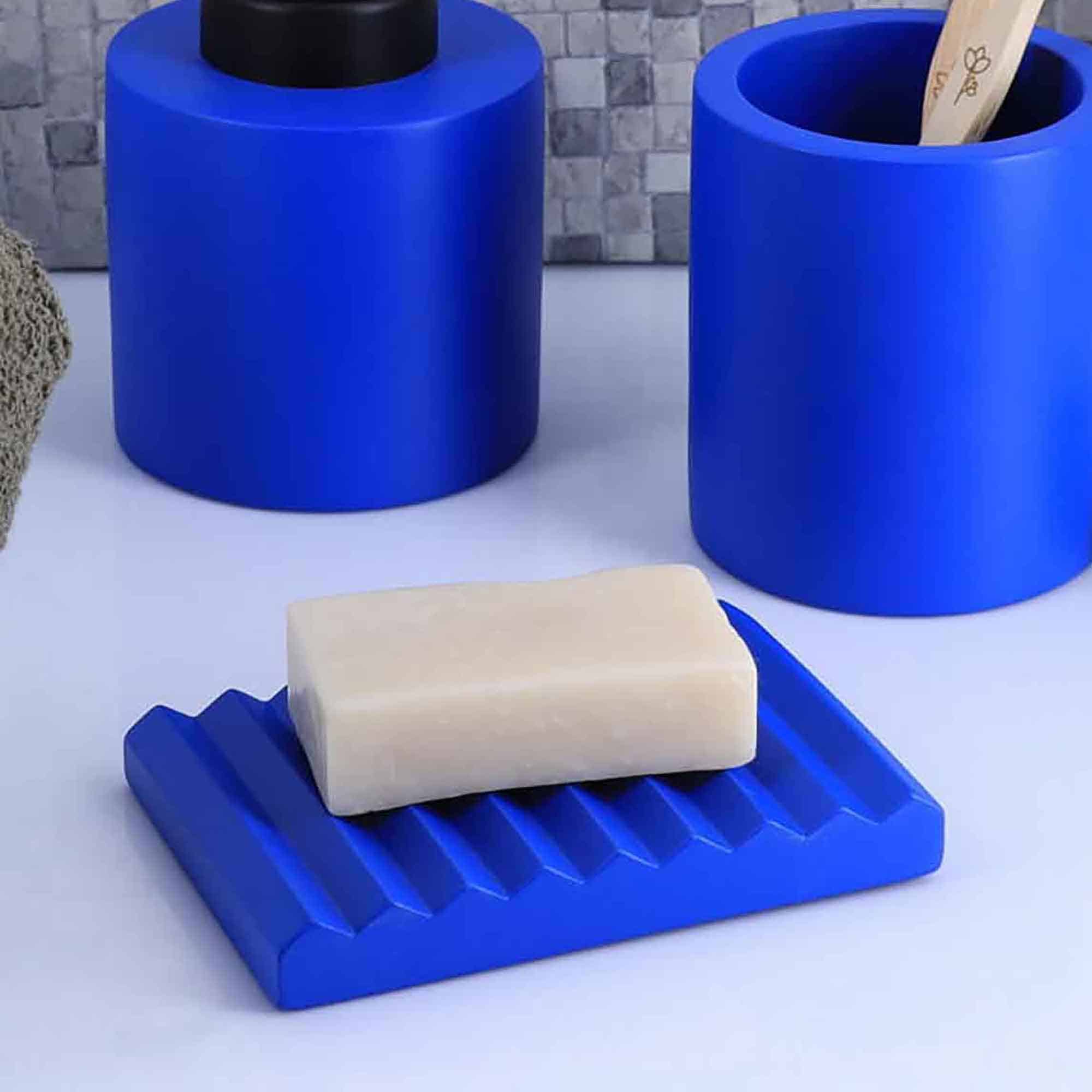 evideco Concrete Cement Hand Soap Dish Ribbed Drainage Design Blue Bathroom Accessories Soap Dishes