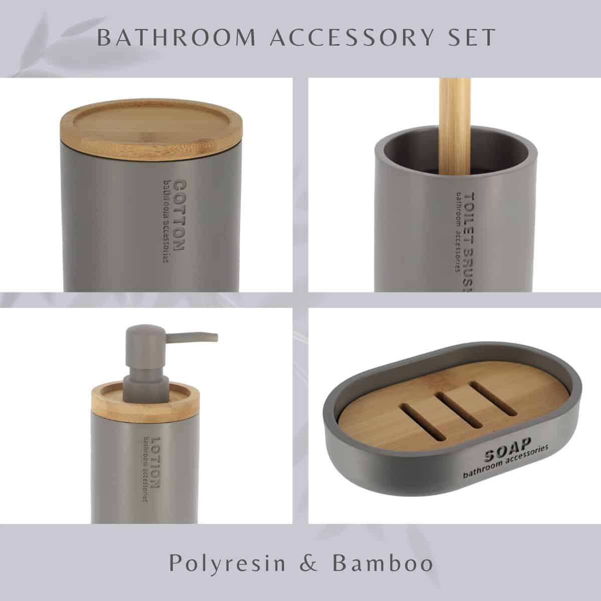 Evideco Contemporary Gray Bathroom Set – 5 Pieces – Hand Soap Pump Toothbrush Holder Toilet Brush Cleaner Cotton Pot And Soap Cup Bathroom Accessories Bath Coordinate Sets