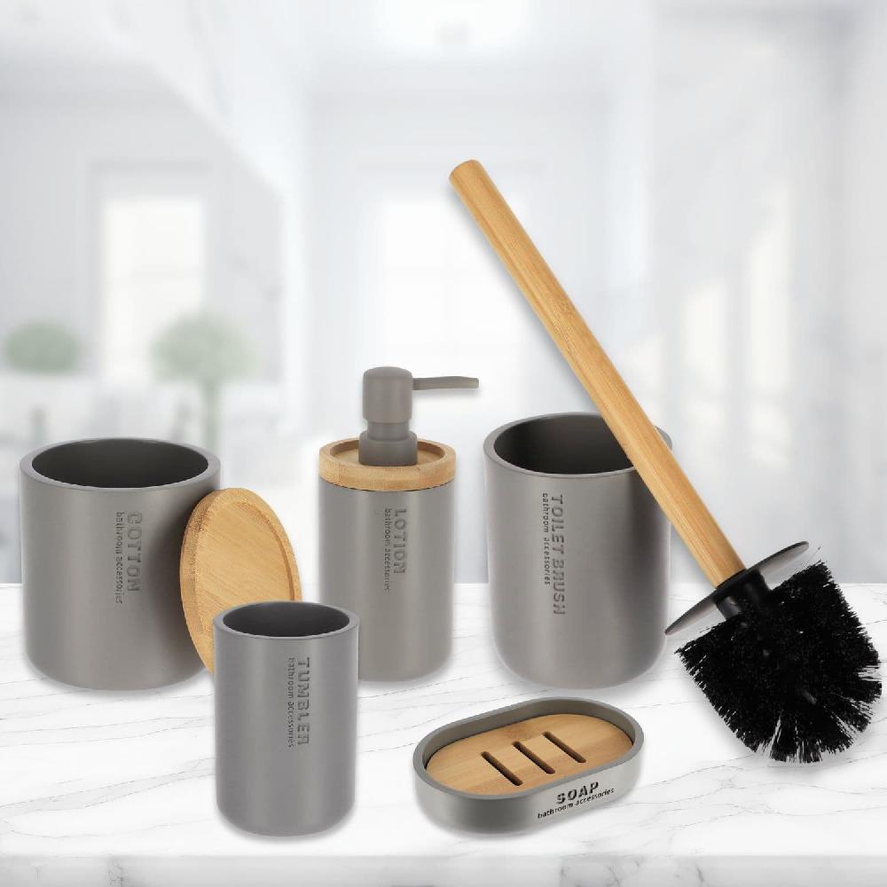 Evideco Contemporary Gray Bathroom Set – 5 Pieces – Hand Soap Pump Toothbrush Holder Toilet Brush Cleaner Cotton Pot And Soap Cup Bathroom Accessories Bath Coordinate Sets