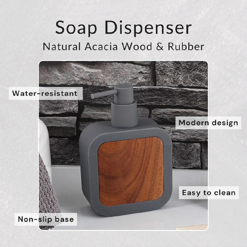 Evideco Contemporary Soap Dispenser Gray Rubber And Acacia Bathroom Accessories Soap & Lotion Dispensers