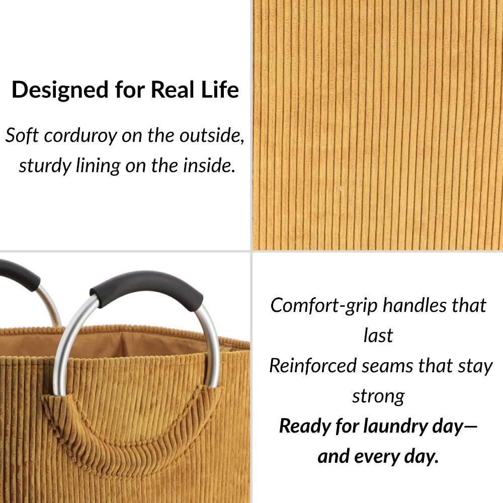 Evideco Corduroy Laundry Basket 55L Mustard Yellow Bathroom Storage & Furniture Storage Baskets & Organizers
