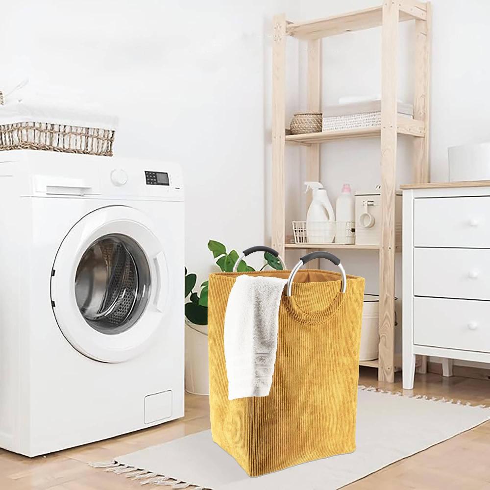 Evideco Corduroy Laundry Basket 55L Mustard Yellow Bathroom Storage & Furniture Storage Baskets & Organizers