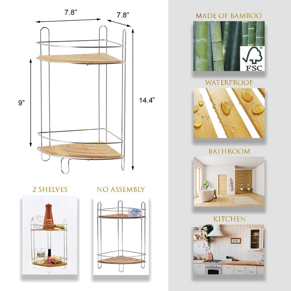 Evideco Corner Bathroom Organizer Storage Tower 2 Shelves Bamboo Chrome Metal Bathroom Storage & Furniture Bath Caddies