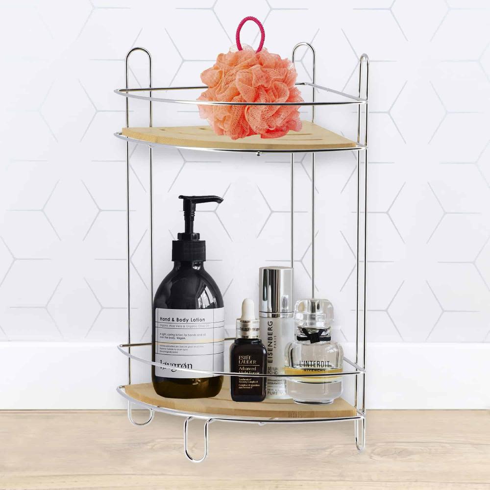 evideco Corner Bathroom Organizer Storage Tower 2 Shelves Bamboo Chrome Metal Bathroom Storage & Furniture Bath Caddies