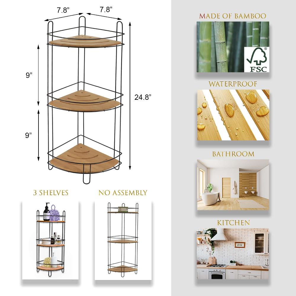 Evideco Corner Bathroom Organizer Storage Tower 3 Shelves Bamboo Black Metal Bathroom Storage & Furniture Bath Caddies