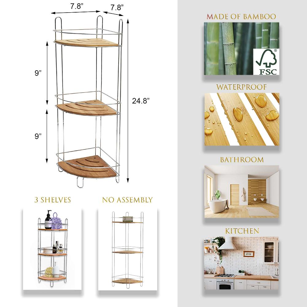 Evideco Corner Bathroom Organizer Storage Tower 3 Shelves Bamboo Chrome Metal Bathroom Storage & Furniture Bath Caddies
