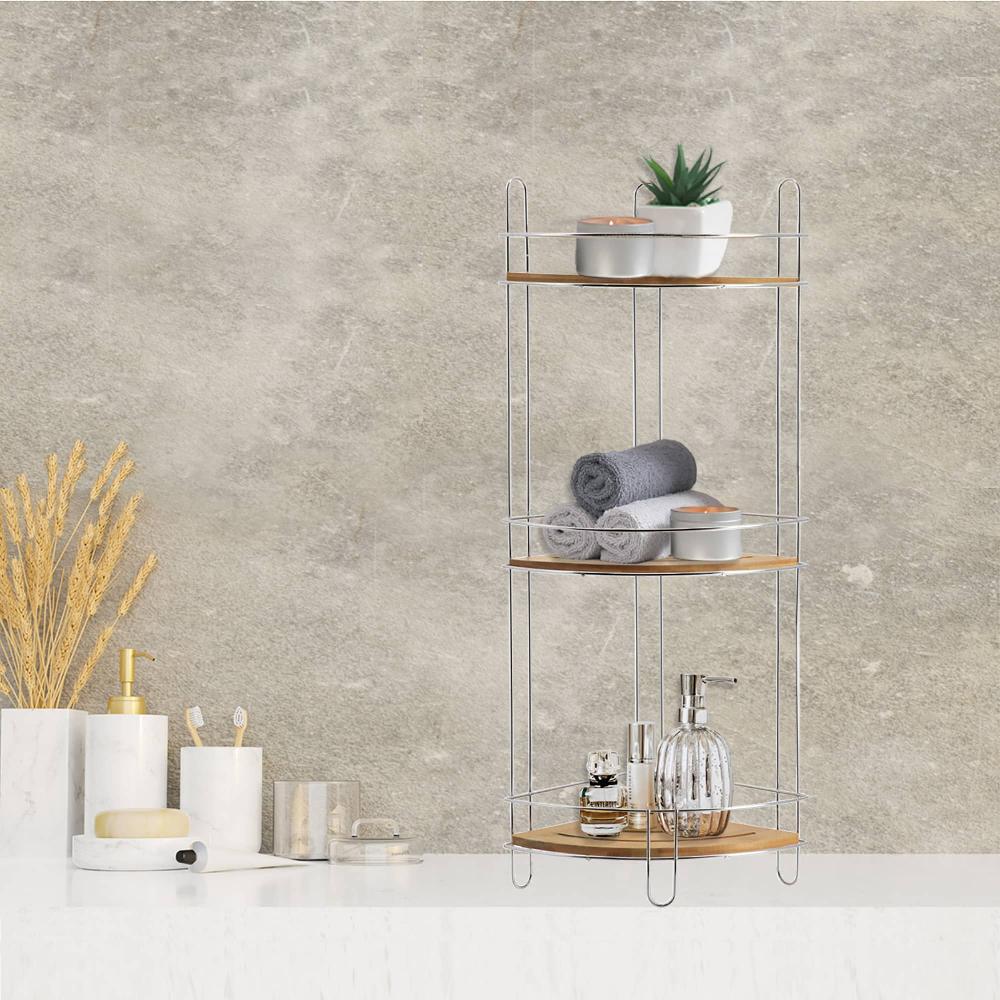 evideco Corner Bathroom Organizer Storage Tower 3 Shelves Bamboo Chrome Metal Bathroom Storage & Furniture Bath Caddies