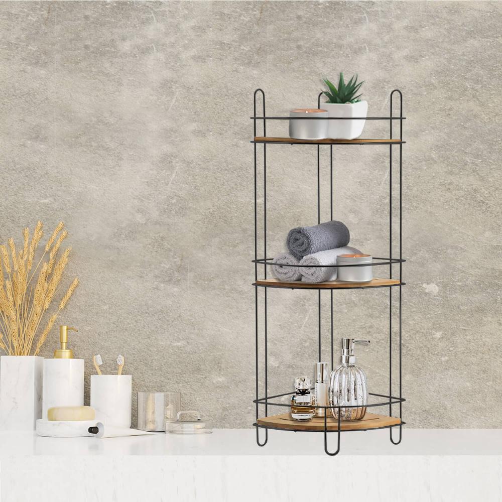 evideco Corner Bathroom Organizer Storage Tower 3 Shelves Bamboo Black Metal Bathroom Storage & Furniture Bath Caddies
