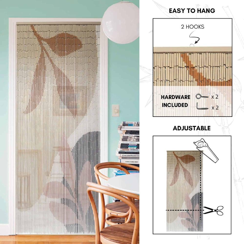 Evideco Decorative Beaded Door Curtain – Beige Autumn Leaves Design 36 X 79 Inches Natural Bamboo Beads For Home Decor Home Accessories Door Curtains