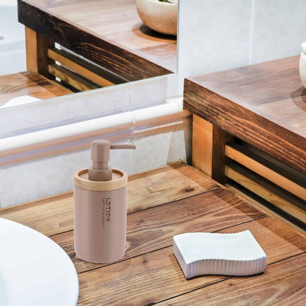 Evideco Elegant Cappuccino Soap Dispenser – Polyresin And Bamboo Design Refillable Liquid Pump Bathroom Accessories Soap & Lotion Dispensers