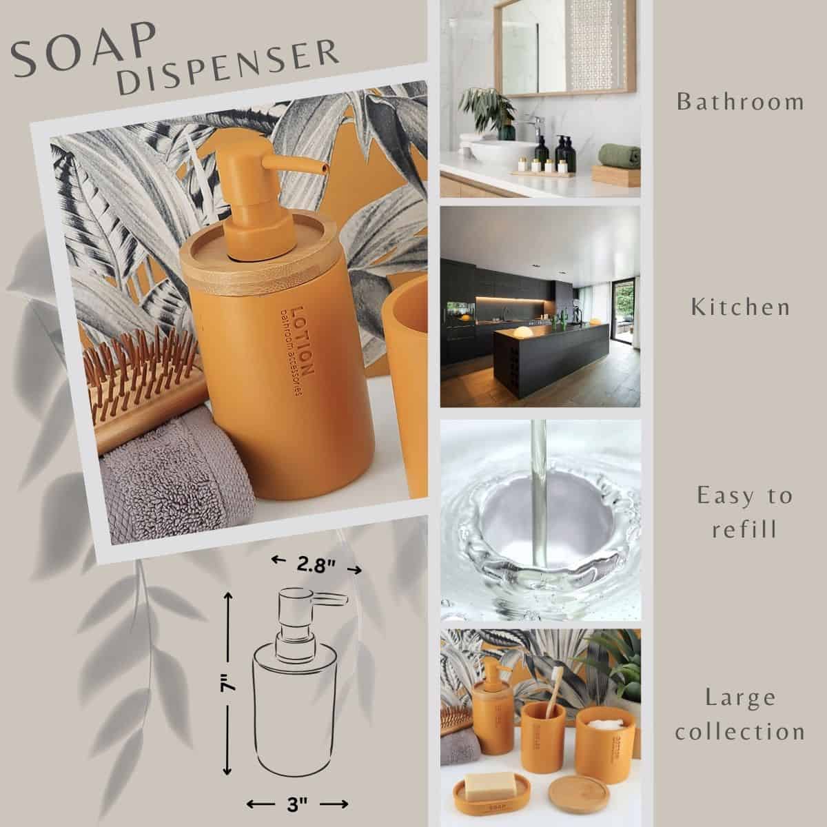 Evideco Elegant Mustard Yellow Soap Dispenser – Polyresin And Bamboo Design Refillable Liquid Pump Bathroom Accessories Soap & Lotion Dispensers