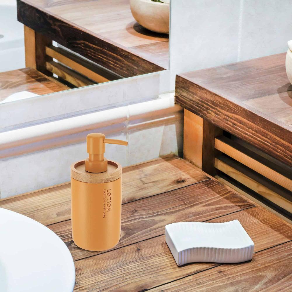 Evideco Elegant Mustard Yellow Soap Dispenser – Polyresin And Bamboo Design Refillable Liquid Pump Bathroom Accessories Soap & Lotion Dispensers