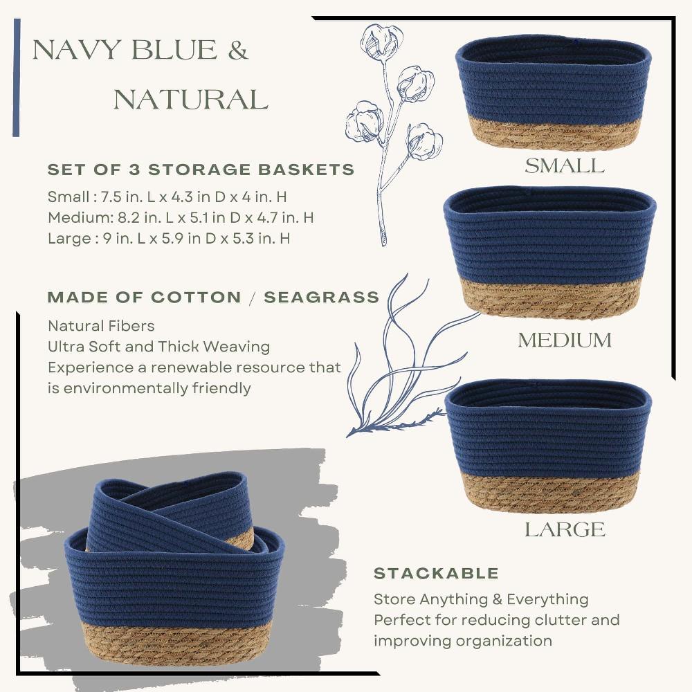 Evideco Elegant Navy Blue Cotton Storage Baskets Organizer Padang- Set Of 3 – Ideal As Diaper Basket Dog Toy Basket Or Gift Basket Bathroom Storage & Furniture Storage Baskets & Organizers