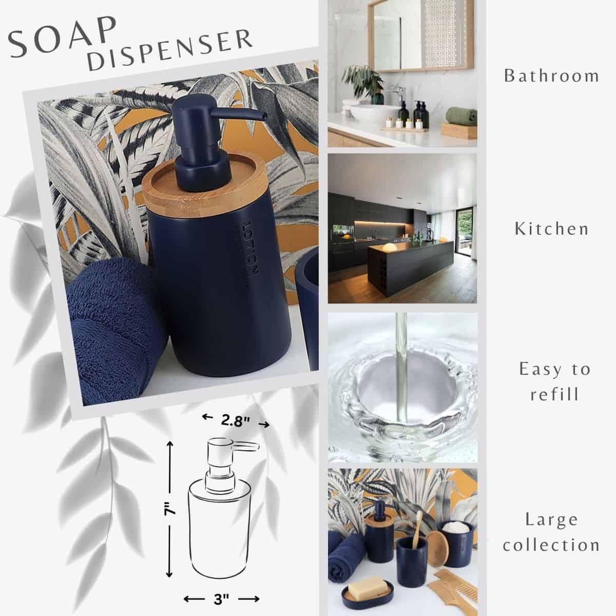 Evideco Elegant Navy Blue Soap Dispenser – Polyresin And Bamboo Design Refillable Liquid Pump Bathroom Accessories Soap & Lotion Dispensers