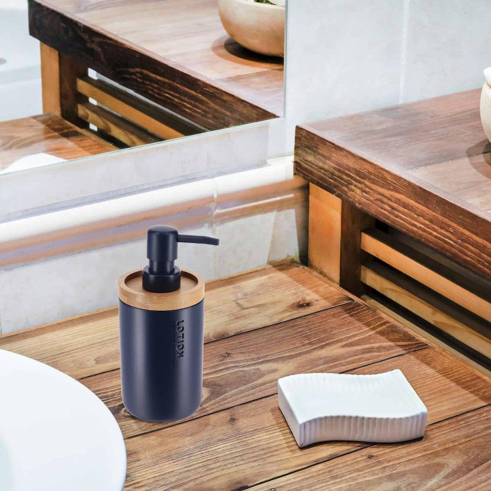 Evideco Elegant Navy Blue Soap Dispenser – Polyresin And Bamboo Design Refillable Liquid Pump Bathroom Accessories Soap & Lotion Dispensers