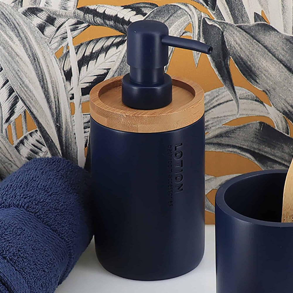 evideco Elegant Navy Blue Soap Dispenser – Polyresin and Bamboo Design Refillable Liquid Pump Bathroom Accessories Soap & Lotion Dispensers