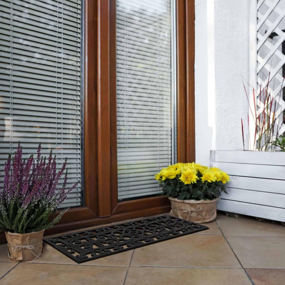 evideco Elegant Scrollwork Rubber Door Mat – Weather-Resistant Non-Slip 30×10 Inches Low Profile Black Home Accessories Door Mats Outdoor