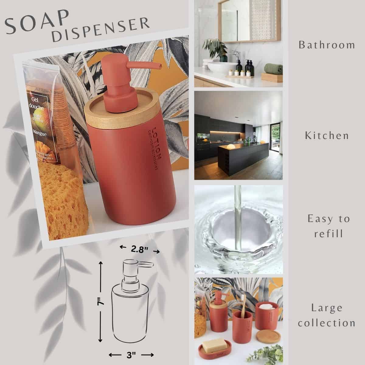 Evideco Elegant Terracotta Soap Dispenser – Polyresin And Bamboo Design Refillable Liquid Pump Bathroom Accessories Soap & Lotion Dispensers