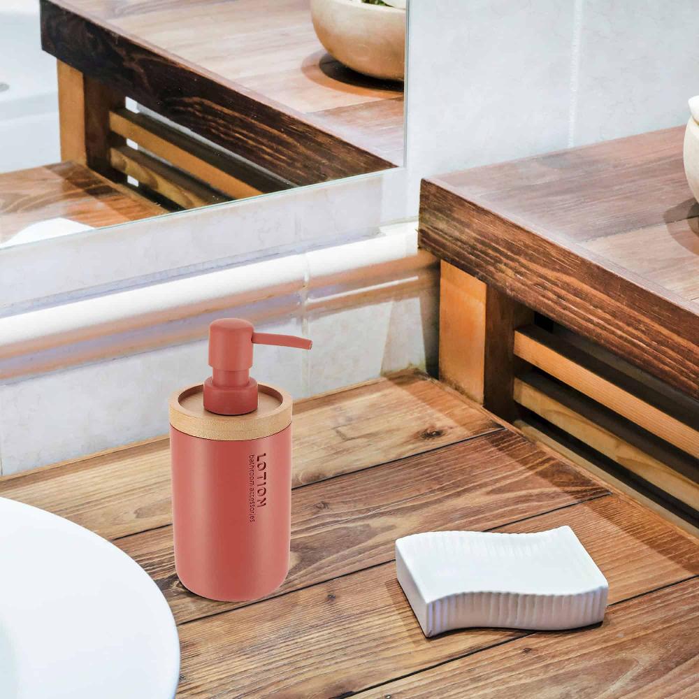 Evideco Elegant Terracotta Soap Dispenser – Polyresin And Bamboo Design Refillable Liquid Pump Bathroom Accessories Soap & Lotion Dispensers