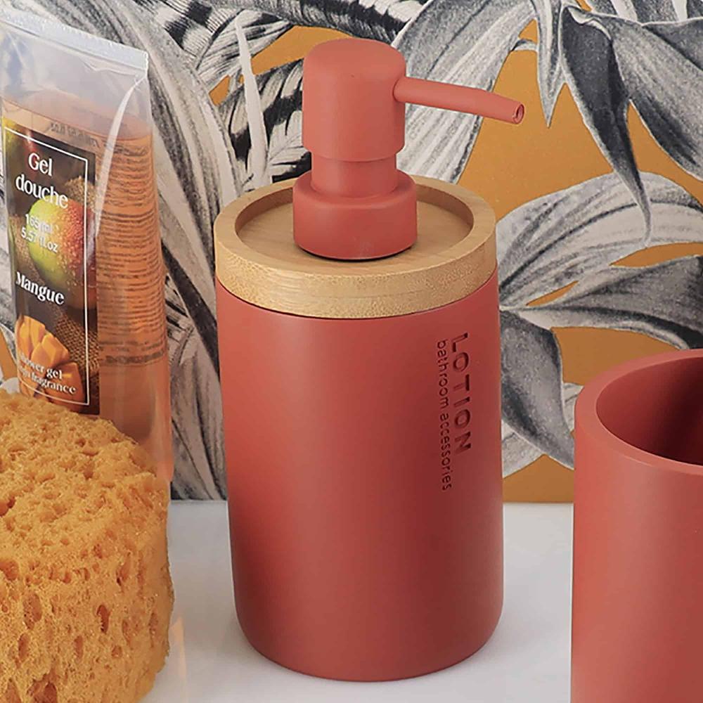 evideco Elegant Terracotta Soap Dispenser – Polyresin and Bamboo Design Refillable Liquid Pump Bathroom Accessories Soap & Lotion Dispensers