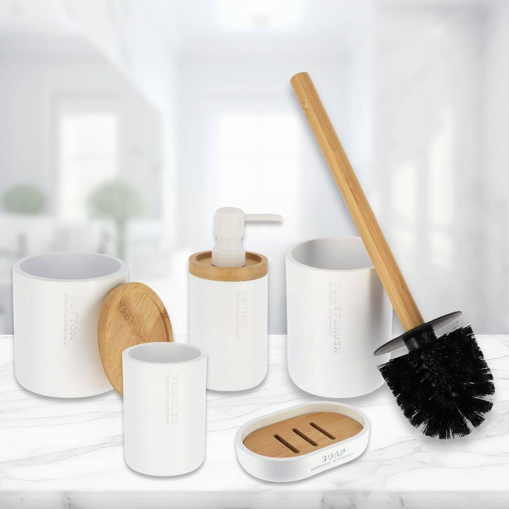 Evideco Elegant White Bathroom Accessory Kit – 5 Pieces – Hand Soap Dispenser Tumbler Cup Toilet Brush Set Cotton Box And Soap Tray Bathroom Accessories Bath Coordinate Sets