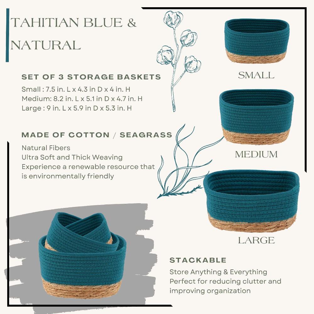 Evideco Exotic Tahitian Blue Cotton Storage Baskets Organizer Padang Bins Stackable For Shelves- Set Of 3 Bathroom Storage & Furniture Storage Baskets & Organizers