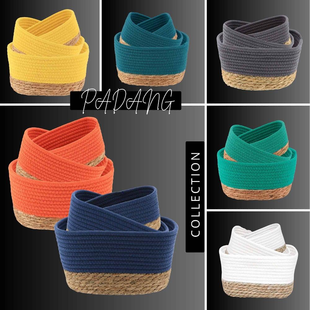 Evideco Exotic Tahitian Blue Cotton Storage Baskets Organizer Padang Bins Stackable For Shelves- Set Of 3 Bathroom Storage & Furniture Storage Baskets & Organizers