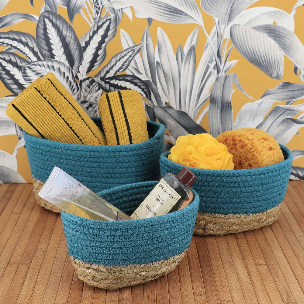evideco Exotic Tahitian Blue Cotton Storage Baskets Organizer Padang Bins Stackable for Shelves- Set of 3 Bathroom Storage & Furniture Storage Baskets & Organizers