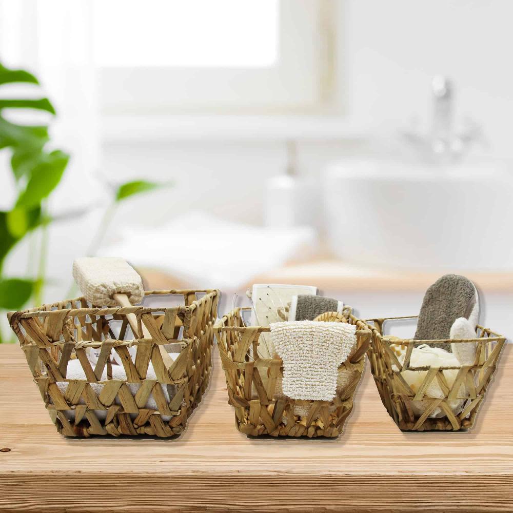 evideco Flared Braided Water Hyacinth Baskets With Handles Natural Set of 3 Bathroom Storage & Furniture Storage Baskets & Organizers