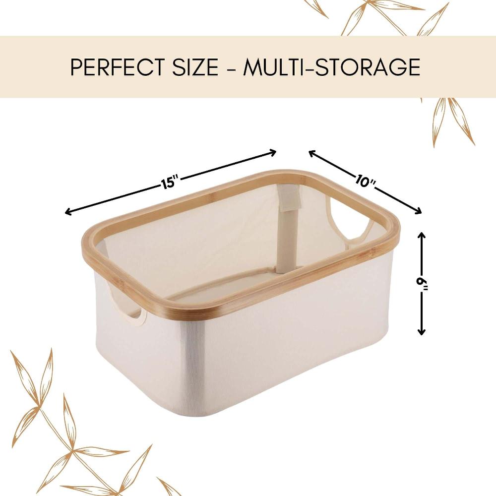 Evideco Foldable Storage Basket With Bamboo Frame And Ecru Fabric Rectangular Multi-Storage Organizer For Home And Office Bathroom Storage & Furniture Storage Baskets & Organizers