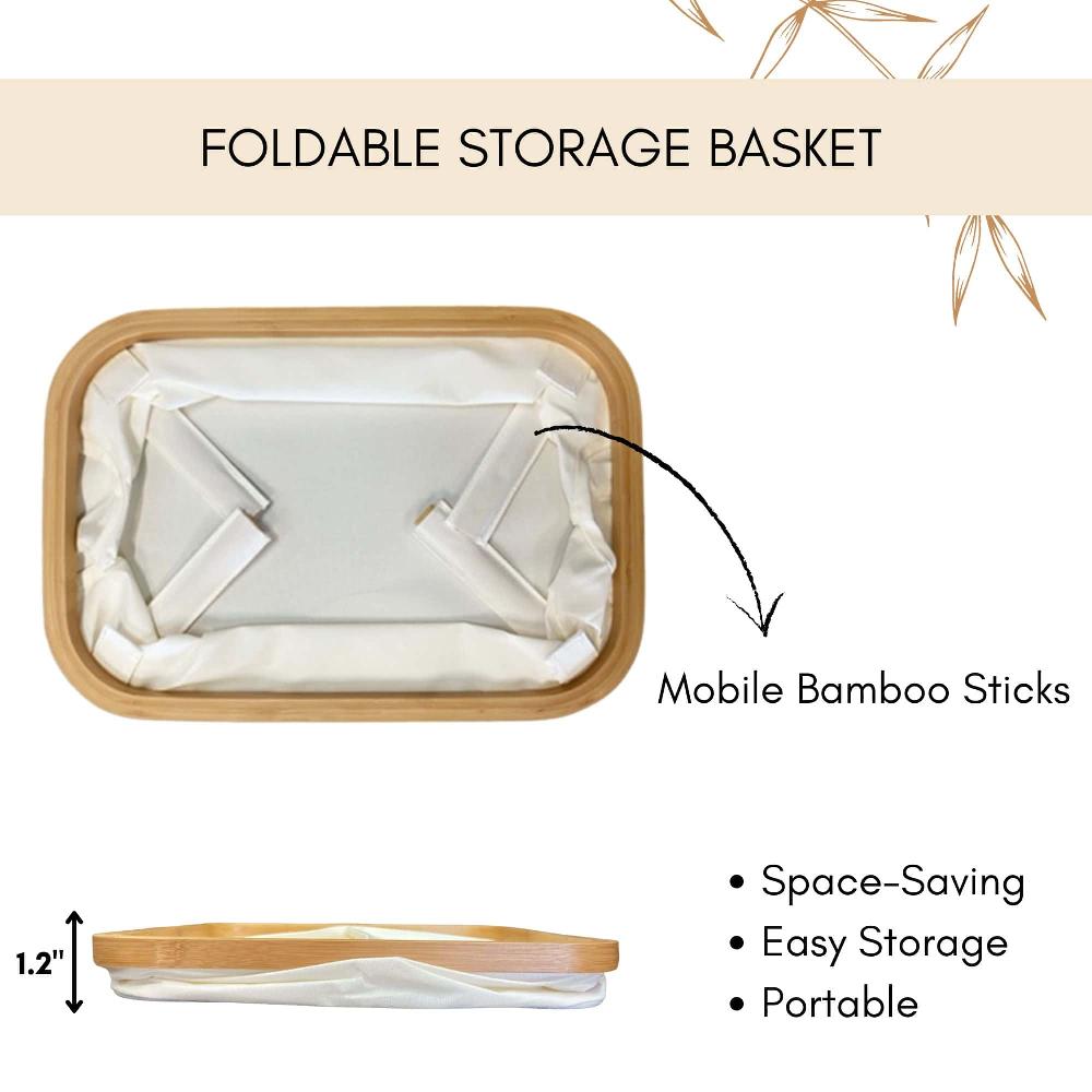 Evideco Foldable Storage Basket With Bamboo Frame And Ecru Fabric Rectangular Multi-Storage Organizer For Home And Office Bathroom Storage & Furniture Storage Baskets & Organizers