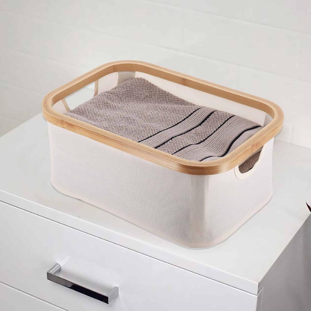 Evideco Foldable Storage Basket With Bamboo Frame And Ecru Fabric Rectangular Multi-Storage Organizer For Home And Office Bathroom Storage & Furniture Storage Baskets & Organizers
