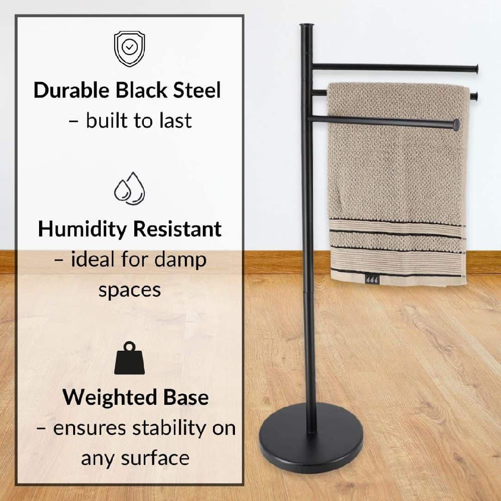 Evideco Freestanding 3-Arm Towel Rack In Black Steel Bathroom Storage & Furniture Towel Racks & Shelving Towel Racks & Coat Racks Free Standing