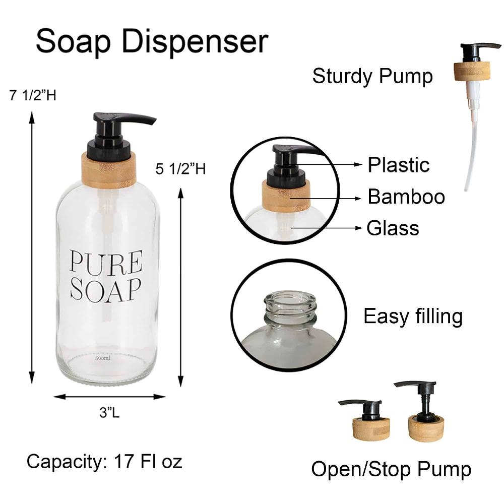 Evideco Glass And Bamboo Soap Dispenser PURE SOAP 17 FL OZ Bathroom Accessories Soap & Lotion Dispensers