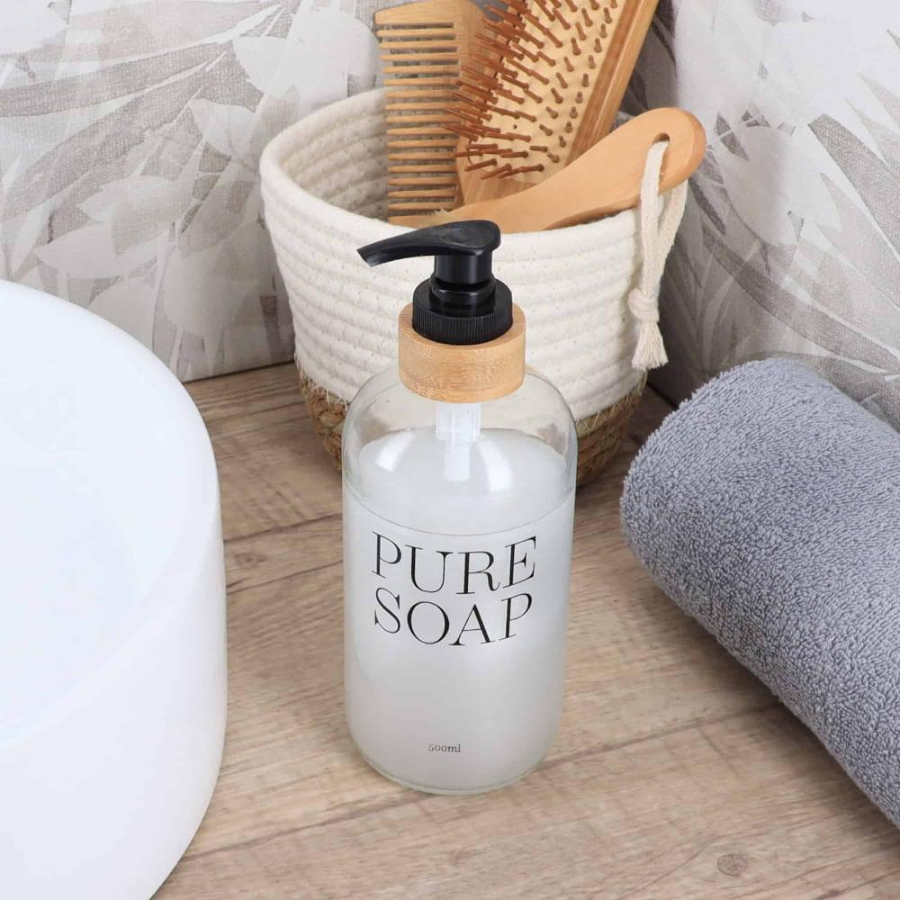 Evideco Glass And Bamboo Soap Dispenser PURE SOAP 17 FL OZ Bathroom Accessories Soap & Lotion Dispensers